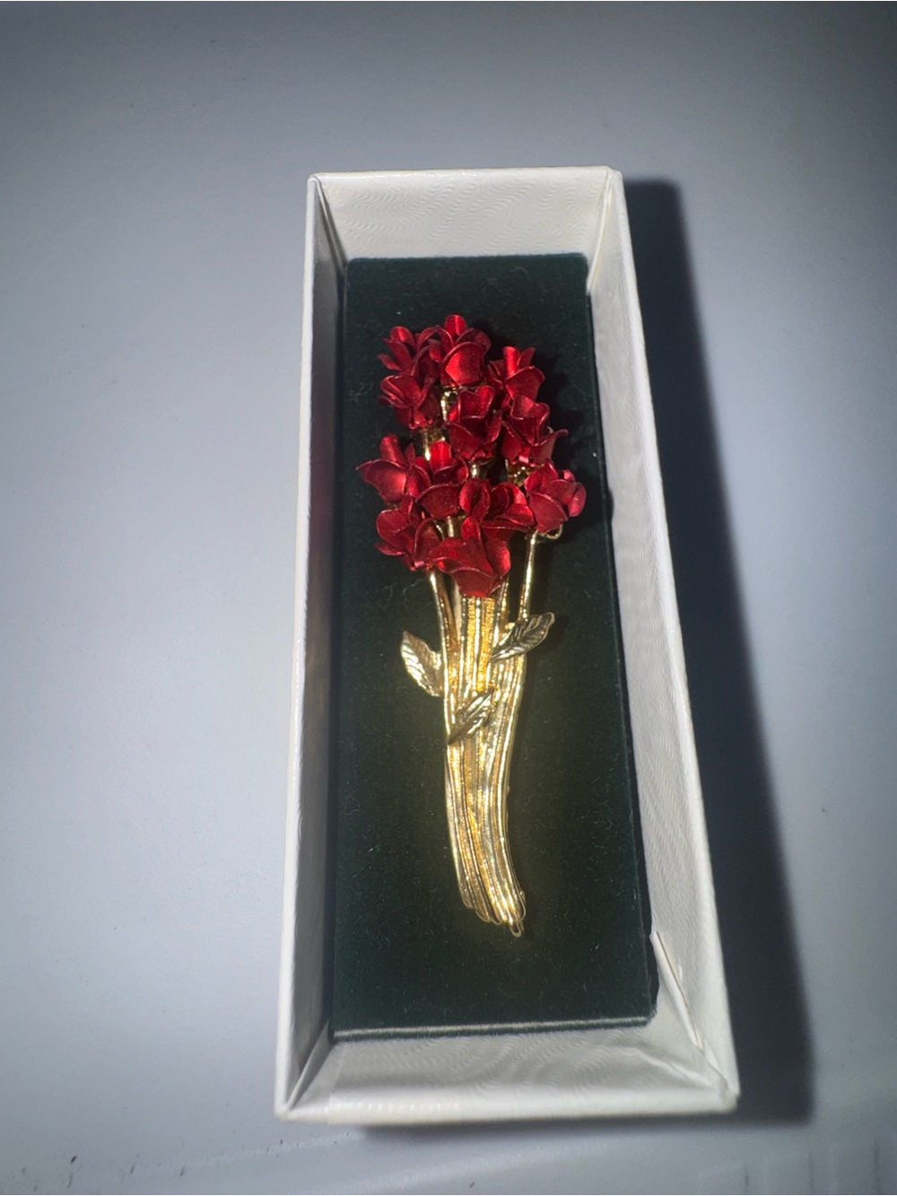 Gold Stem Red Floral Bouquet Brooch - Women Jewelry